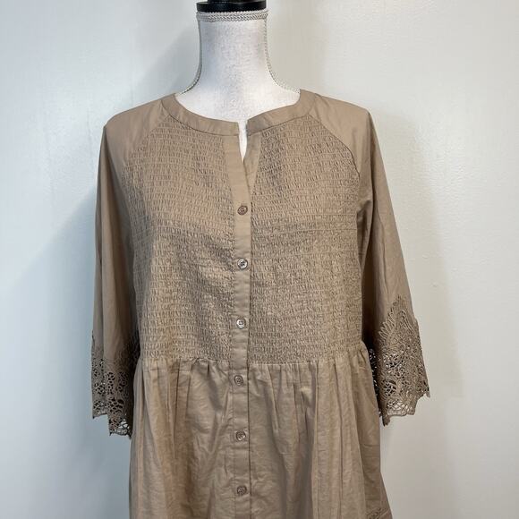 Alessa W. Collection Blouse Tunic Women's sz 10 Khaki Smocked Lace Peasant Boho - Picture 2 of 9